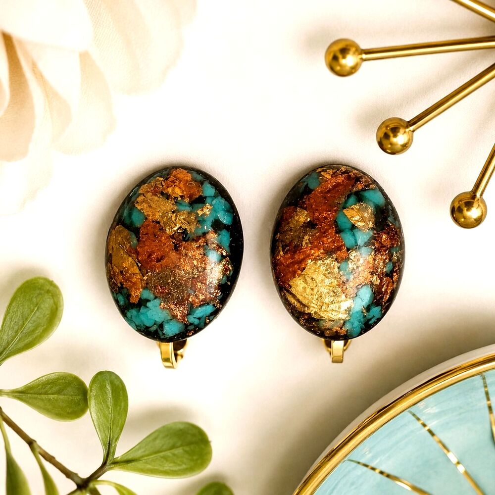 Vintage Gold Copper Flake Lucite Clip Earrings MCM Confetti Turquoise